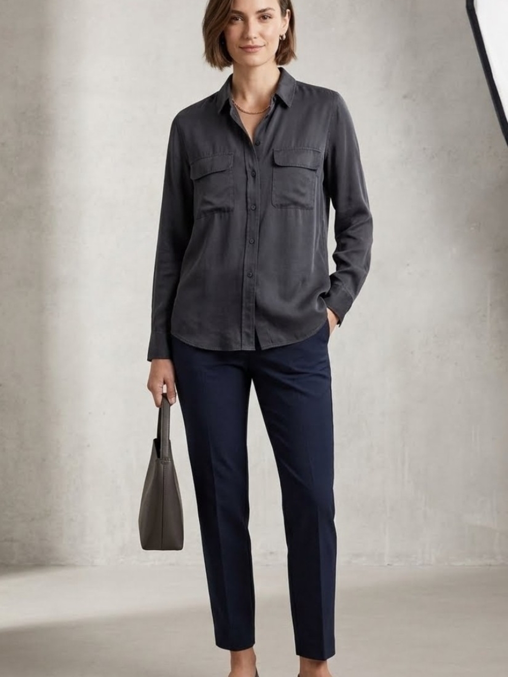 Quince Black Long-Sleeve Silk Button Blouse